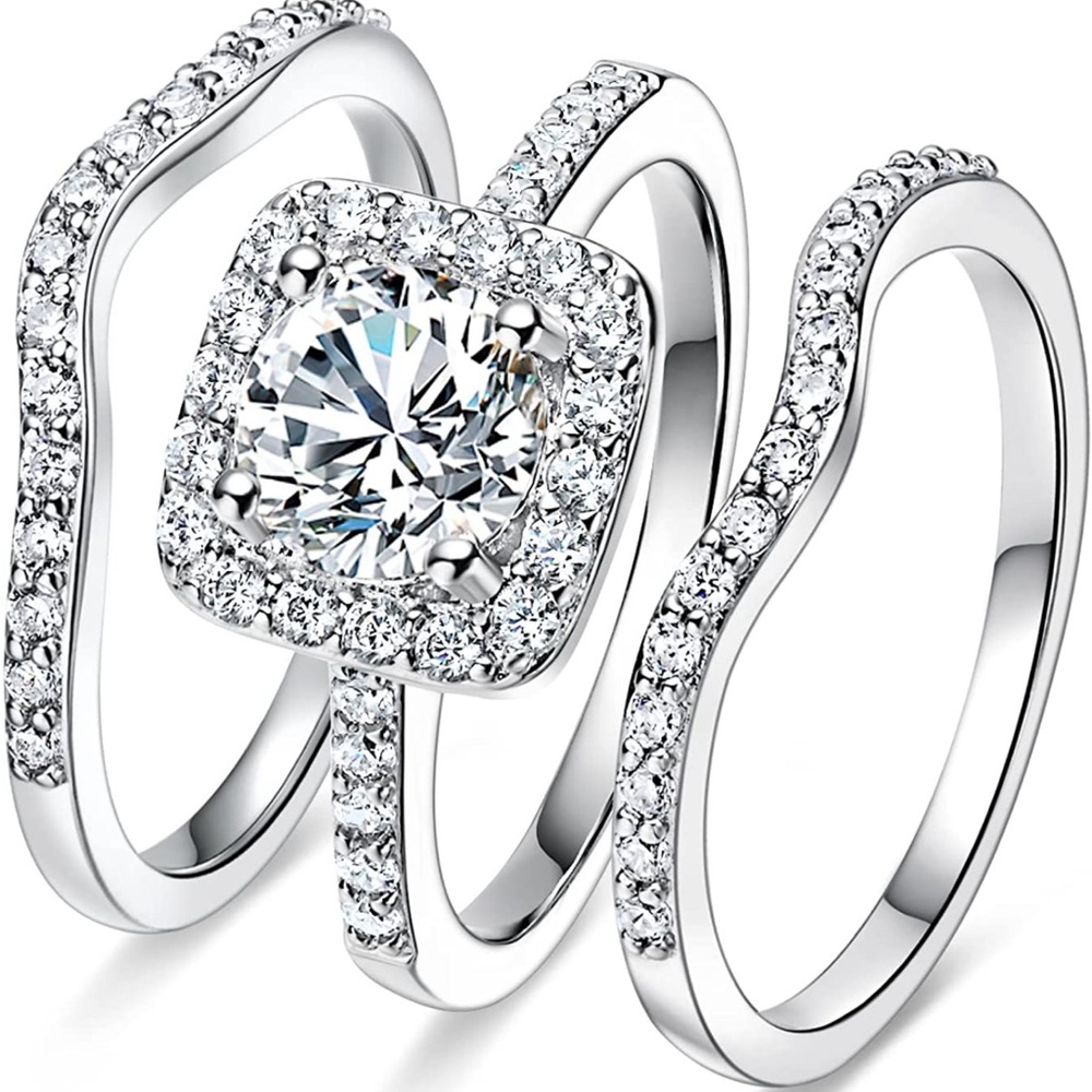 18K White Gold Plated Cubic Zirconia Three-in-One Halo Set